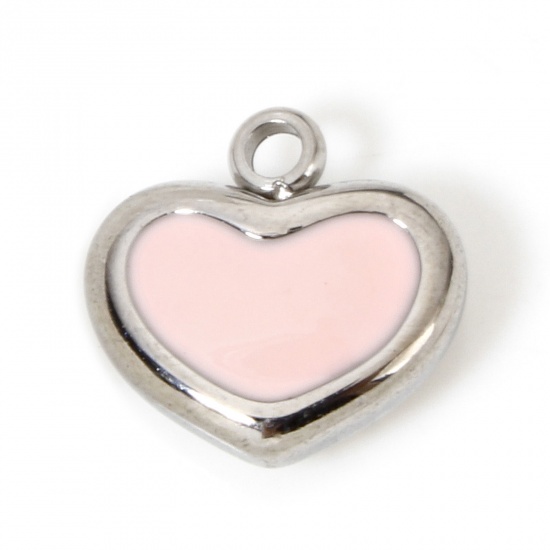 Imagen de 1 Unidad Respetuoso del Medio Ambiente 304 Acero Inoxidable Retro Colgantes Corazón Tono de Plata Rosado Esmalte 11.5mm x 11mm