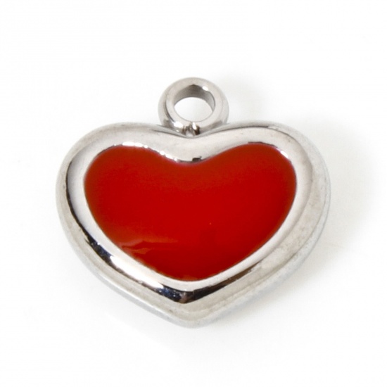 Imagen de 1 Unidad Respetuoso del Medio Ambiente 304 Acero Inoxidable Retro Colgantes Corazón Tono de Plata Rojo Esmalte 11.5mm x 11mm