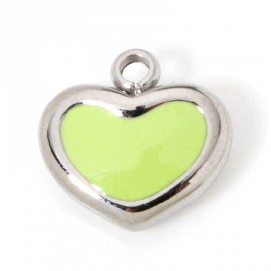 Imagen de 1 Unidad Respetuoso del Medio Ambiente 304 Acero Inoxidable Retro Colgantes Corazón Tono de Plata Verde Claro Esmalte 11.5mm x 11mm