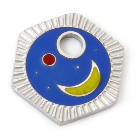 Imagen de 1 Unidad Respetuoso del Medio Ambiente 304 Acero Inoxidable Retro Colgantes Hexágono Tono de Plata Azul Oscuro Sol & Luna Esmalte 11mm x 10mm