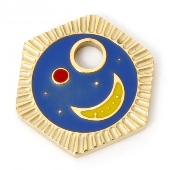 Imagen de 1 Unidad Enchapado al Vacío Ecológico 304 Acero Inoxidable Retro Colgantes Hexágono Chapado en Oro Azul Oscuro Sol & Luna Esmalte 11mm x 10mm