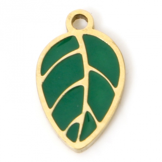 Imagen de 1 Unidad Enchapado al Vacío Ecológico 304 Acero Inoxidable Retro Colgantes Hoja Chapado en Oro Verde Esmalte 10mm x 6mm