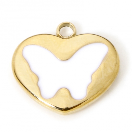 Imagen de 1 Unidad Enchapado al Vacío Ecológico 304 Acero Inoxidable Retro Colgantes Corazón Chapado en Oro Blanco Mariposa Esmalte 15mm x 14.5mm