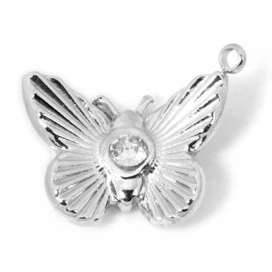 Image de 1 Pièce Breloques en 304 Acier Inoxydable Respectueux de la Nature Style Ins Papillon Argent Mat à Zircone Cubique Clair 18mm x 12.5mm