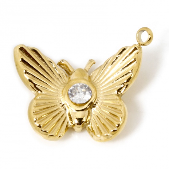 Image de 1 Pièce Breloques en 304 Acier Inoxydable Placage Sous Vide Écologique Style Ins Papillon Doré à Zircone Cubique Clair 18mm x 12.5mm