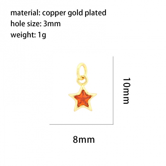 Picture of 2 PCs Brass Galaxy Charms 18K Gold Plated Pentagram Star Red Cubic Zirconia 10mm x 8mm