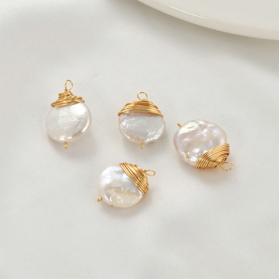 Picture of 1 Piece Pearl & Brass Wire Wrapped Pendants 18K Gold Plated White Baroque 25mm x 15mm