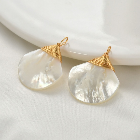 Picture of 1 Piece Natural Shell & Brass Wire Wrapped Pendants 18K Gold Plated White Fan-shaped 33mm x 25mm