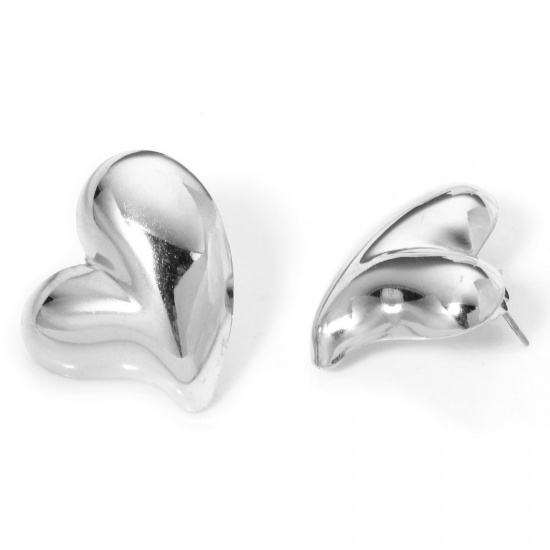 Image de 1 Paire Boucles d'Oreilles Puces en 304 Acier Inoxydable Argent Mat Cœur avec Embouts 25mm x 22mm , Epaisseur de Fil: (21 gauge)