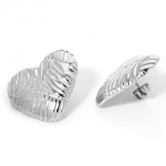 Image de 1 Paire Boucles d'Oreilles Puces en 304 Acier Inoxydable Argent Mat Cœur avec Embouts 26mm x 24mm , Epaisseur de Fil: (21 gauge)