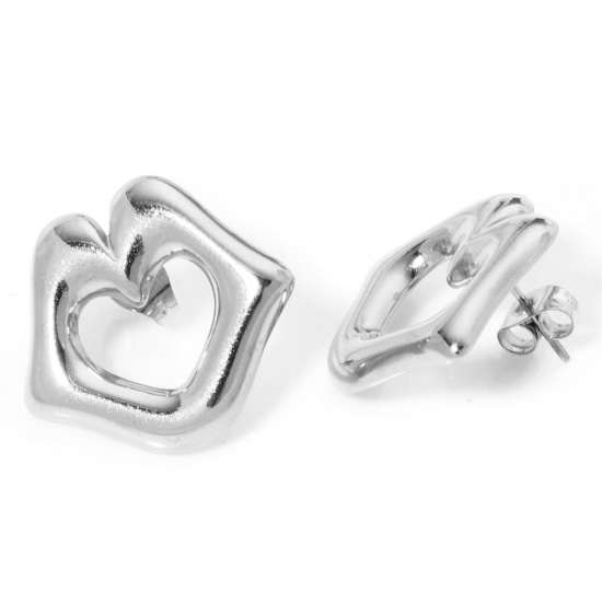 Image de 1 Paire Boucles d'Oreilles Puces en 304 Acier Inoxydable Argent Mat Cœur avec Embouts 22mm x 20mm , Epaisseur de Fil: (21 gauge)