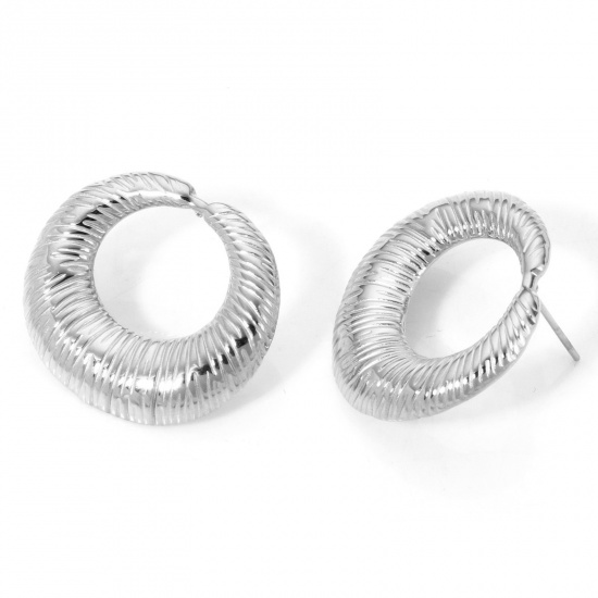 Image de 1 Paire Boucles d'Oreilles Puces en 304 Acier Inoxydable Argent Mat Rond avec Embouts 25mm x 22mm , Epaisseur de Fil: (21 gauge)