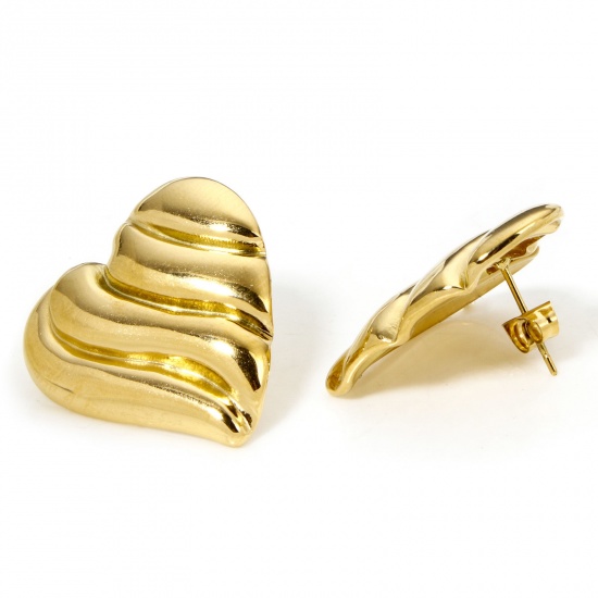 Image de 1 Paire Boucles d'Oreilles Puces en 304 Acier Inoxydable Placage sous Vide Plaqué Or 18K Cœur avec Embouts 24mm x 24mm , Epaisseur de Fil: (21 gauge)