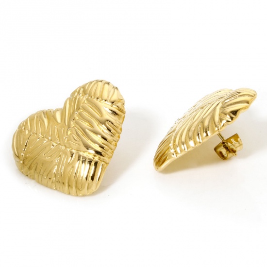 Image de 1 Paire Boucles d'Oreilles Puces en 304 Acier Inoxydable Placage sous Vide Plaqué Or 18K Cœur avec Embouts 26mm x 24mm , Epaisseur de Fil: (21 gauge)