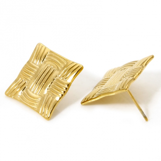 Bild von 1 Paar Vakuumbeschichtung 304 Edelstahl Ohrring Ohrstecker 18K Vergoldet Quadrat Mit Stöpsel 24mm x 24mm, Drahtstärke: (21 gauge)