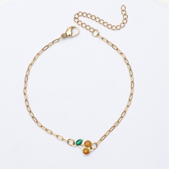 Picture of 1 Piece Vacuum Plating 304 Stainless Steel Ins Style Link Cable Chain Bracelets Gold Plated Yellow Cherry Fruit Enamel 17cm(6 6/8") long