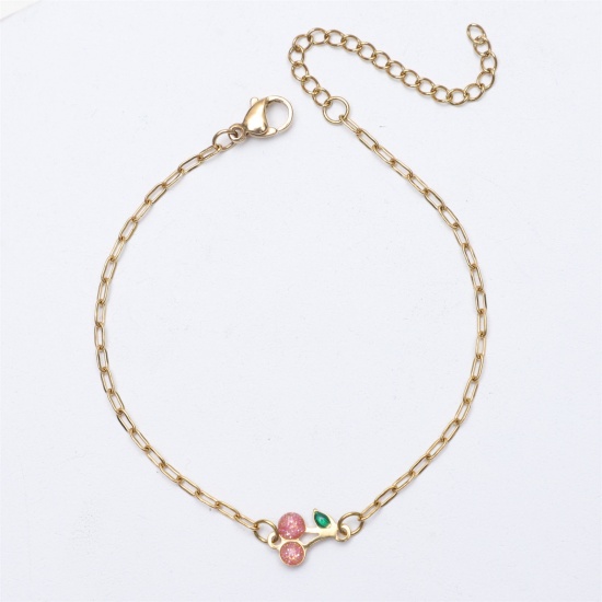 Picture of 1 Piece Vacuum Plating 304 Stainless Steel Ins Style Link Cable Chain Bracelets Gold Plated Pink Cherry Fruit Enamel 17cm(6 6/8") long