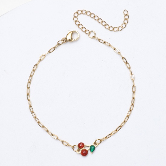 Picture of 1 Piece Vacuum Plating 304 Stainless Steel Ins Style Link Cable Chain Bracelets Gold Plated Red Cherry Fruit Enamel 17cm(6 6/8") long