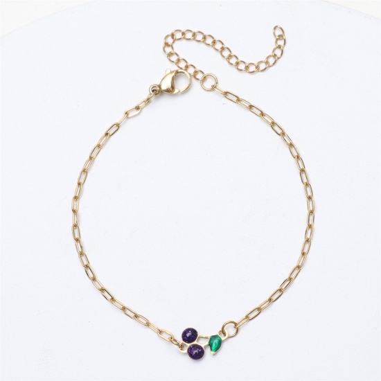 Picture of 1 Piece Vacuum Plating 304 Stainless Steel Ins Style Link Cable Chain Bracelets Gold Plated Purple Cherry Fruit Enamel 17cm(6 6/8") long