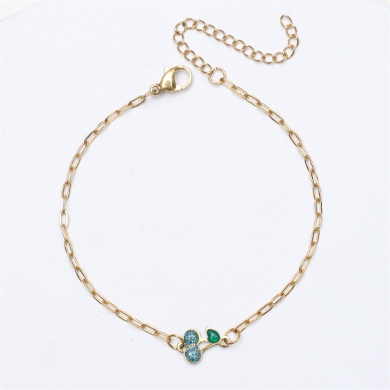 Picture of 1 Piece Vacuum Plating 304 Stainless Steel Ins Style Link Cable Chain Bracelets Gold Plated Skyblue Cherry Fruit Enamel 17cm(6 6/8") long