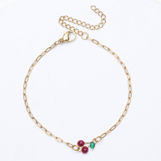 Picture of 1 Piece Vacuum Plating 304 Stainless Steel Ins Style Link Cable Chain Bracelets Gold Plated Fuchsia Cherry Fruit Enamel 17cm(6 6/8") long