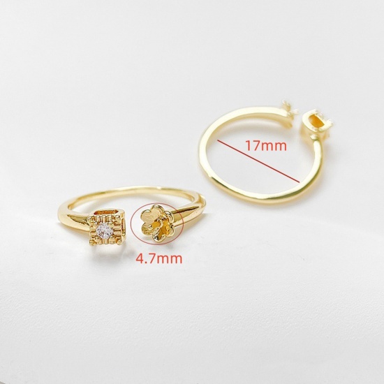 Picture of 1 Piece Eco-friendly Brass Stylish Open Semi Mount Ring For DIY Pearl Setting Square 18K Gold Plated Clear Rhinestone (Fits 4mm Dia.) 17mm(US Size 6.5)