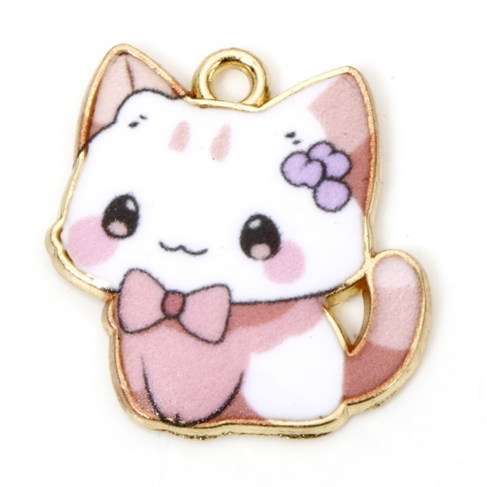 Picture of 10 PCs Zinc Based Alloy Charms Gold Plated Pink Cat Animal Enamel 21mm x 20mm