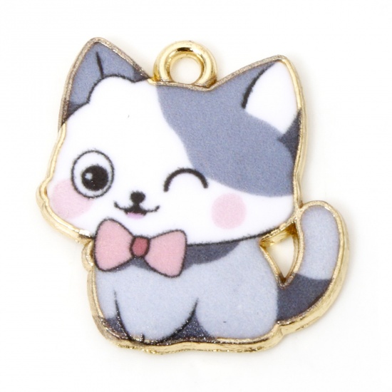 Picture of 10 PCs Zinc Based Alloy Charms Gold Plated Gray Cat Animal Enamel 21mm x 20mm