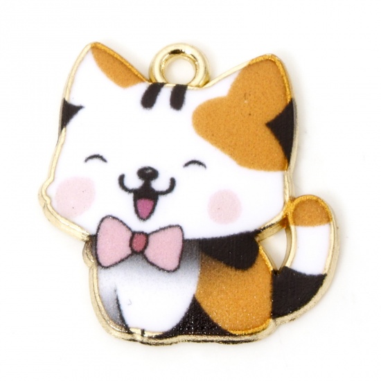 Picture of 10 PCs Zinc Based Alloy Charms Gold Plated Multicolor Cat Animal Enamel 21mm x 20mm