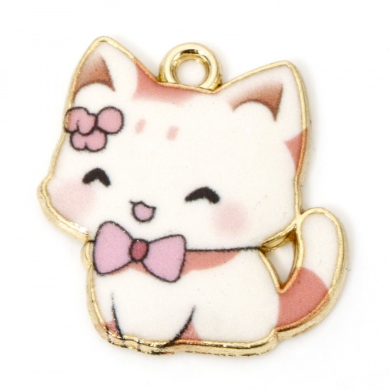 Picture of 10 PCs Zinc Based Alloy Charms Gold Plated Pink Cat Animal Enamel 21mm x 20mm