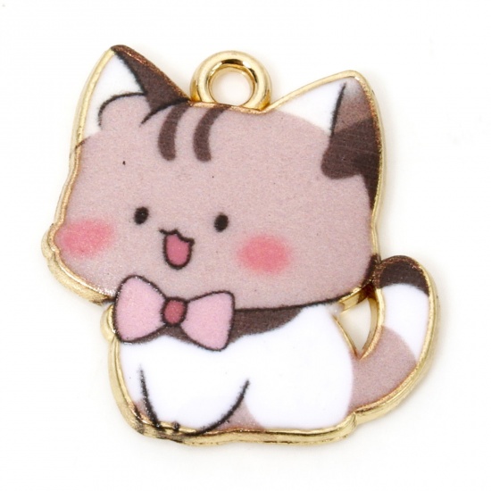 Picture of 10 PCs Zinc Based Alloy Charms Gold Plated Dark Pink Cat Animal Enamel 21mm x 20mm