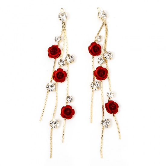 Immagine di 1 Pz Ottone Ciondoli Pendenti Nappine Placcato Oro 18K Rosso Fiore Trasparente Strass 8.7cm