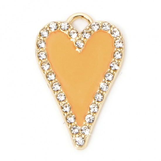 Immagine di 5 Pz Lega di Zinco San Valentino Ciondoli Oro Placcato Arancione Cuore Trasparente Strass Smalto 26.5mm x 17mm