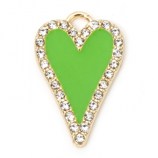 Immagine di 5 Pz Lega di Zinco San Valentino Ciondoli Oro Placcato Verde Cuore Trasparente Strass Smalto 26.5mm x 17mm