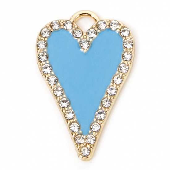 Immagine di 5 Pz Lega di Zinco San Valentino Ciondoli Oro Placcato Blu Cuore Trasparente Strass Smalto 26.5mm x 17mm