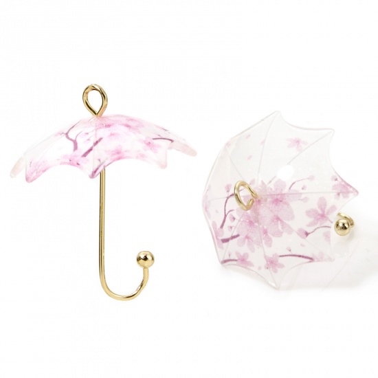 Picture of 5 PCs Zinc Based Alloy & Resin Weather Collection Charms Umbrella Cherry Blossom Sakura Flower Gold Plated Pink 3D 24mm x 19mm