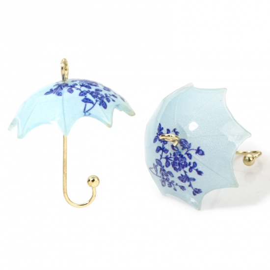 Picture of 5 PCs Zinc Based Alloy & Resin Weather Collection Charms Umbrella Flower Gold Plated Light Blue 3D 24mm x 19mm