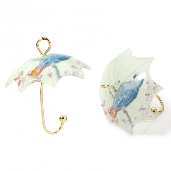 Picture of 5 PCs Zinc Based Alloy & Resin Weather Collection Charms Umbrella Bird Gold Plated Light Green 3D 24mm x 19mm