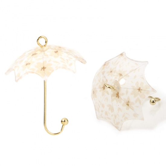 Picture of 5 PCs Zinc Based Alloy & Resin Weather Collection Charms Umbrella Flower Gold Plated Light Beige 3D 24mm x 19mm