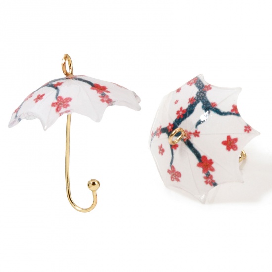 Picture of 5 PCs Zinc Based Alloy & Resin Weather Collection Charms Umbrella Plum Flower Gold Plated White 3D 24mm x 19mm