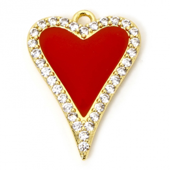 Picture of 1 Piece Eco-friendly Brass Valentine's Day Charms 18K Real Gold Plated Red Heart Enamel Clear Cubic Zirconia 23mm x 17mm