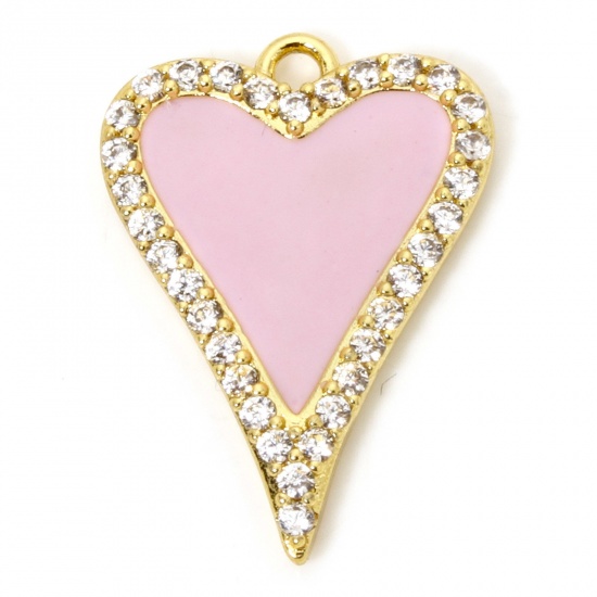 Picture of 1 Piece Eco-friendly Brass Valentine's Day Charms 18K Real Gold Plated Pink Heart Enamel Micro Pave Clear Cubic Zirconia 23mm x 17mm