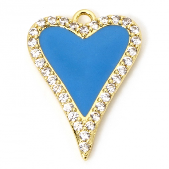 Picture of 1 Piece Eco-friendly Brass Valentine's Day Charms 18K Real Gold Plated Blue Heart Enamel Micro Pave Clear Cubic Zirconia 23mm x 17mm