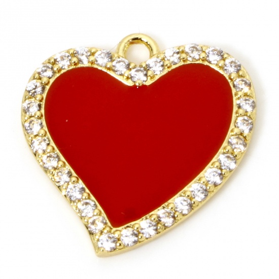 Picture of 1 Piece Eco-friendly Brass Valentine's Day Charms 18K Real Gold Plated Red Heart Enamel Micro Pave Clear Cubic Zirconia 19mm x 19mm
