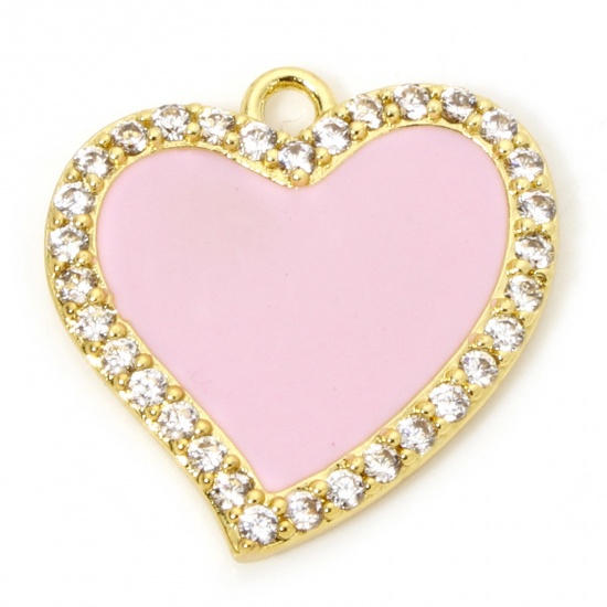 Picture of 1 Piece Eco-friendly Brass Valentine's Day Charms 18K Real Gold Plated Pink Heart Enamel Micro Pave Clear Cubic Zirconia 19mm x 19mm