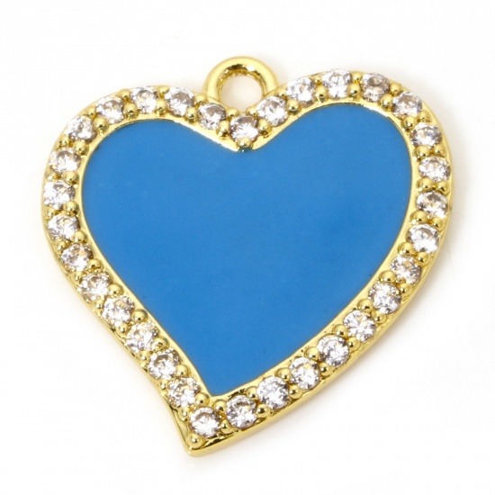 Picture of 1 Piece Eco-friendly Brass Valentine's Day Charms 18K Real Gold Plated Blue Heart Enamel Micro Pave Clear Cubic Zirconia 19mm x 19mm