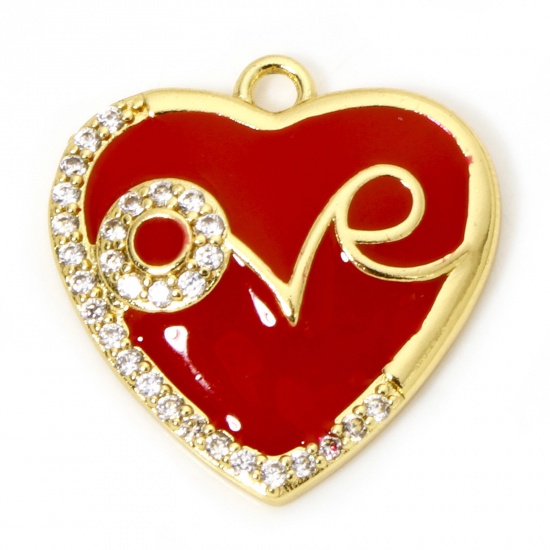 Picture of 1 Piece Eco-friendly Brass Valentine's Day Charms 18K Real Gold Plated Red Heart Message " LOVE " Enamel Micro Pave Clear Cubic Zirconia 21mm x 20mm