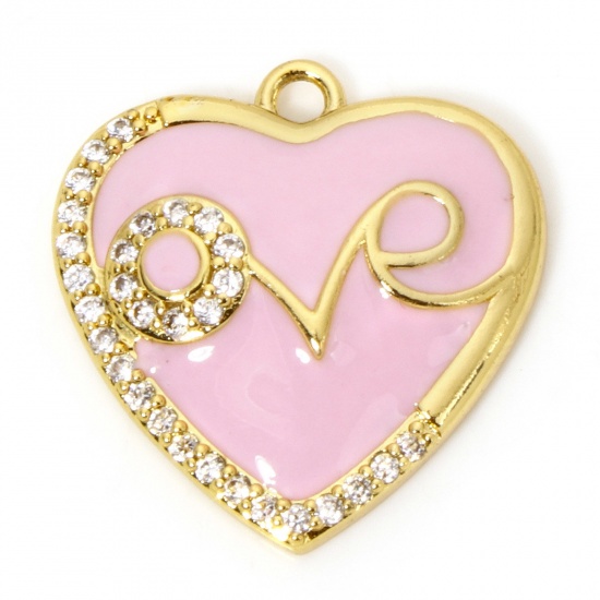 Picture of 1 Piece Eco-friendly Brass Valentine's Day Charms 18K Real Gold Plated Pink Heart Message " LOVE " Enamel Micro Pave Clear Cubic Zirconia 21mm x 20mm
