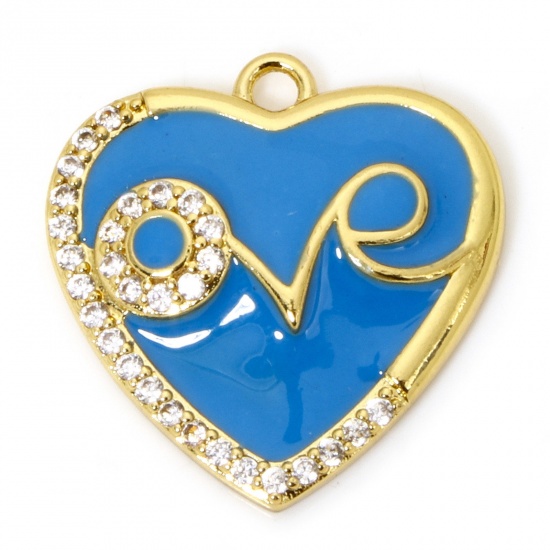 Picture of 1 Piece Eco-friendly Brass Valentine's Day Charms 18K Real Gold Plated Blue Heart Message " LOVE " Enamel Micro Pave Clear Cubic Zirconia 21mm x 20mm