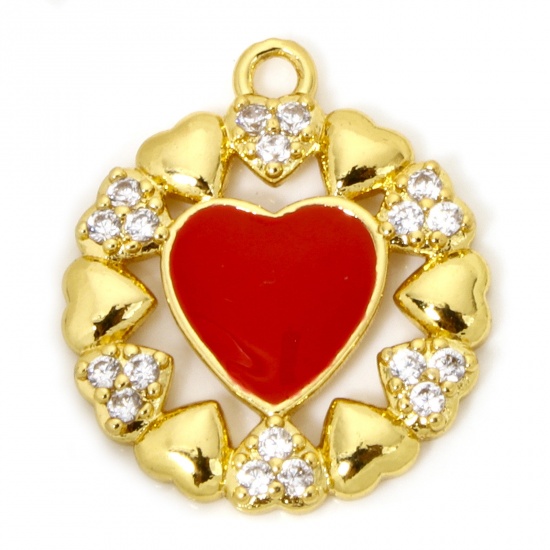 Picture of 1 Piece Eco-friendly Brass Valentine's Day Charms 18K Real Gold Plated Red Heart Enamel Micro Pave Clear Cubic Zirconia 21mm x 18mm